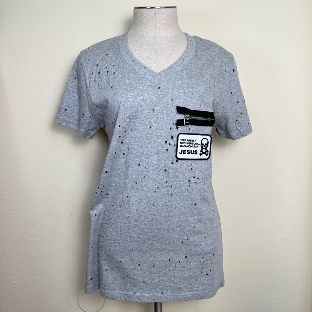 STYLE J Distressed Gray V-Neck T-Shirt W/ Zipper Pocket & Patch Detail Small